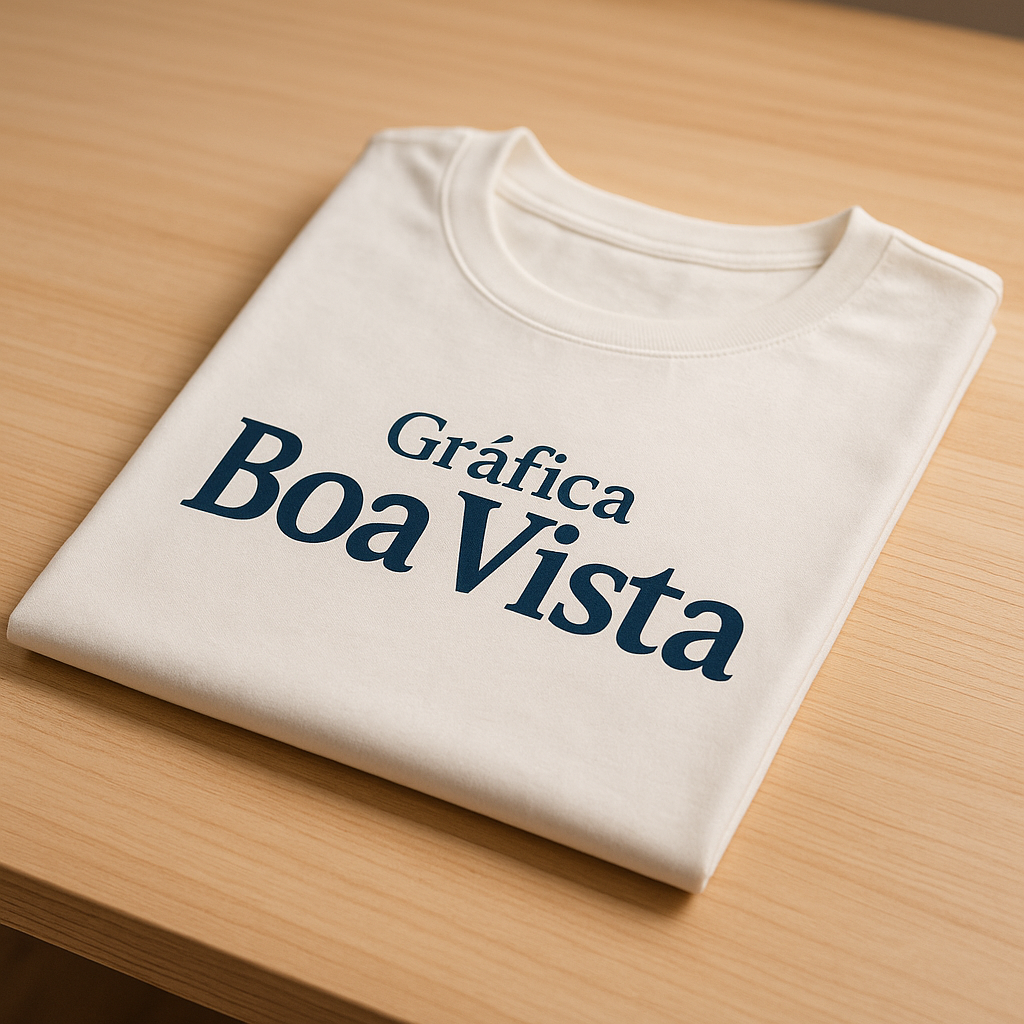 Camisetas personalizadas em poliviscose branca e preta apresentadas em uma gráfica em Curitiba