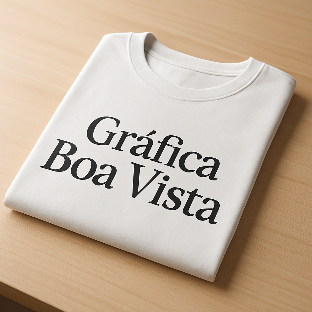 Camisetas personalizadas em poliviscose branca e preta apresentadas em uma gráfica em Curitiba