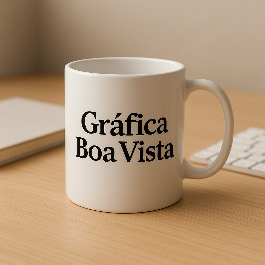 Canecas personalizadas de porcelana branca em uma gráfica, prontas para orçamento e produção