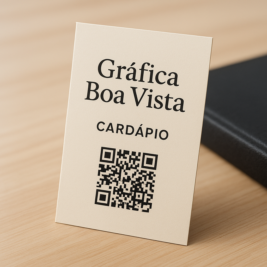 Cardápio com QR Code impresso sobre mesa de restaurante, com acabamento profissional