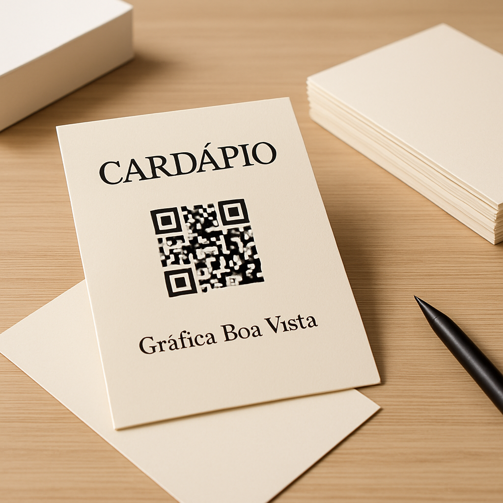 Cardápio com QR Code impresso sobre mesa de restaurante, com acabamento profissional