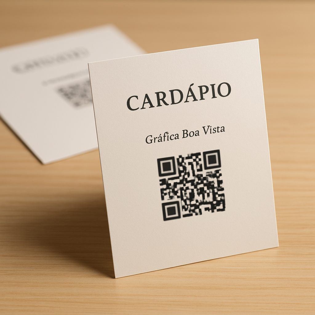 Cardápio com QR Code impresso sobre mesa de restaurante, com acabamento profissional