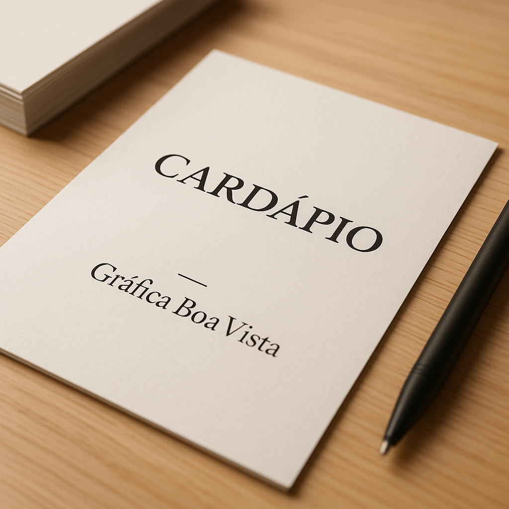 Amostras de cardápio impressas em gráfica profissional, com materiais e acabamentos diferentes sobre uma mesa