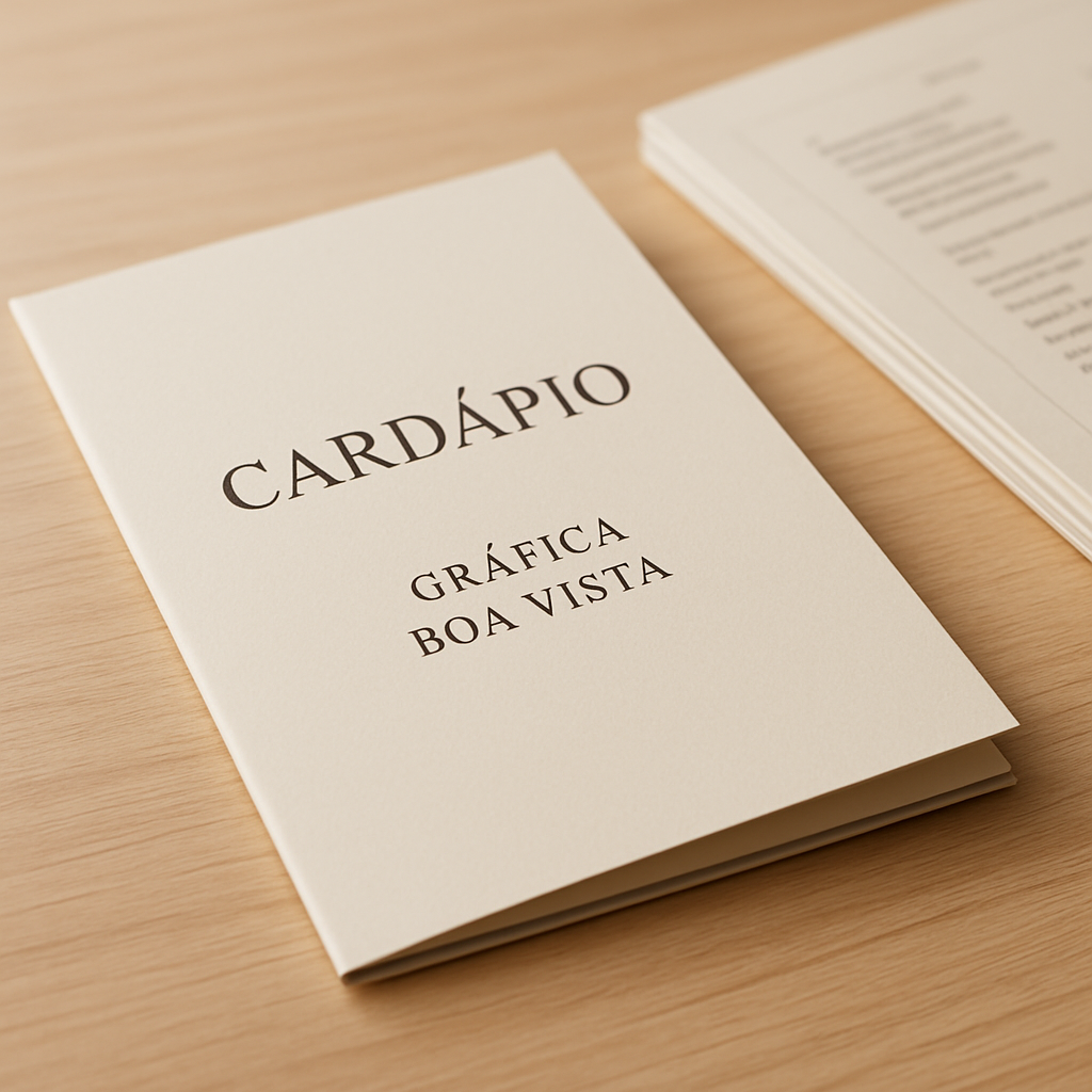 Amostras de cardápio impressas em gráfica profissional, com materiais e acabamentos diferentes sobre uma mesa
