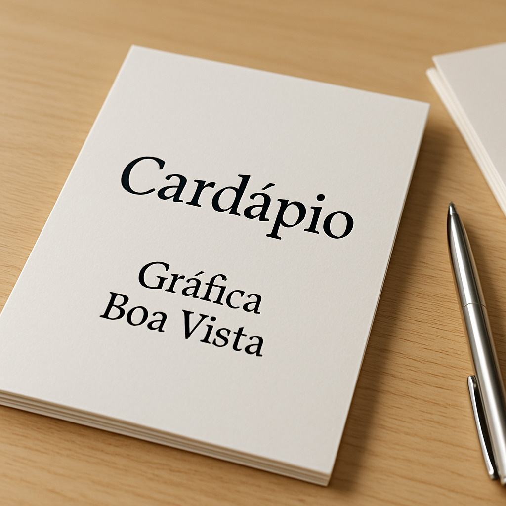Amostras de cardápio impressas em gráfica profissional, com materiais e acabamentos diferentes sobre uma mesa