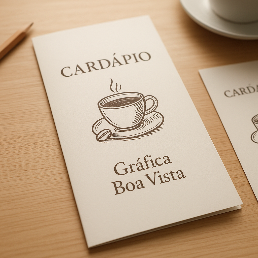 Cardápio para cafeteria impresso em mesa de cafeteria com visual elegante e acabamento premium