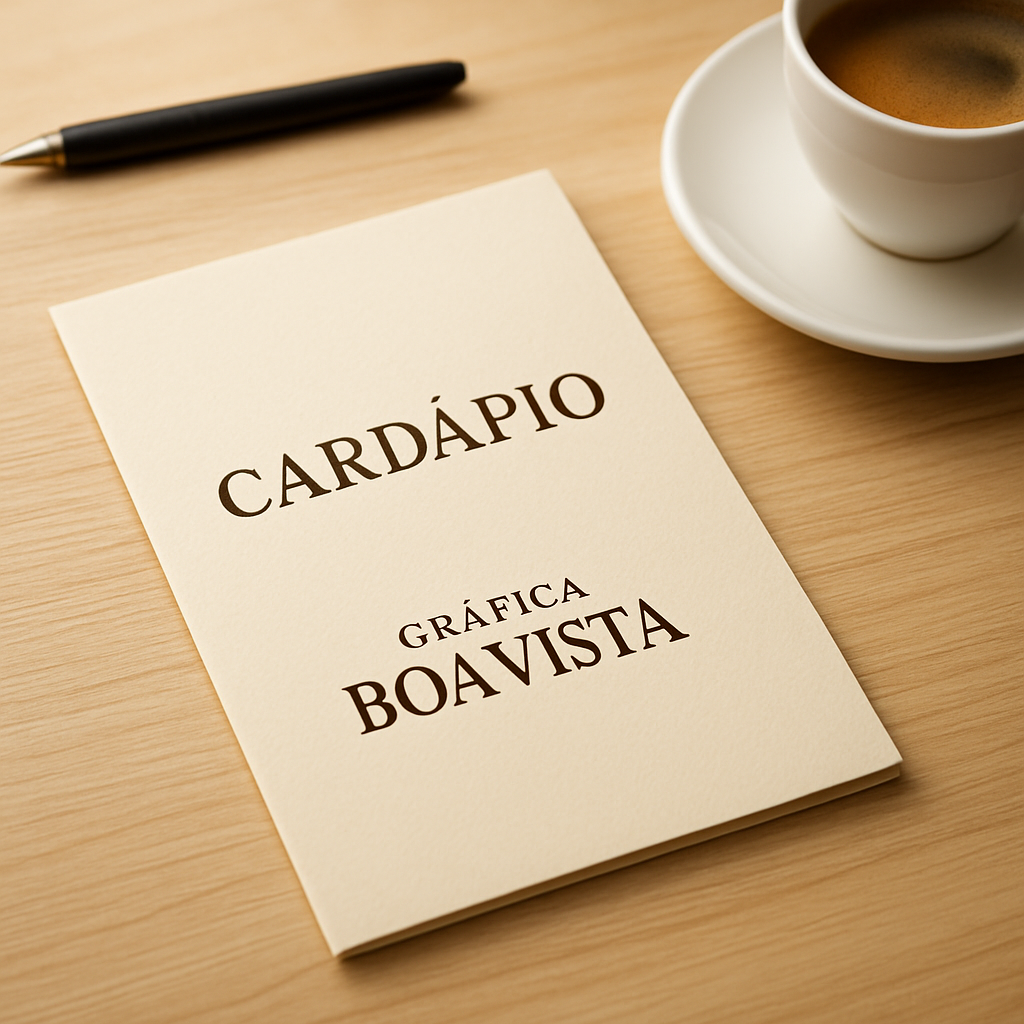 Cardápio para cafeteria impresso em mesa de cafeteria com visual elegante e acabamento premium