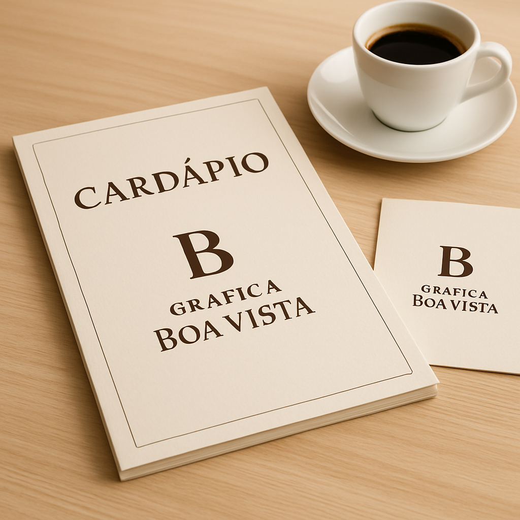 Cardápio para cafeteria impresso em mesa de cafeteria com visual elegante e acabamento premium