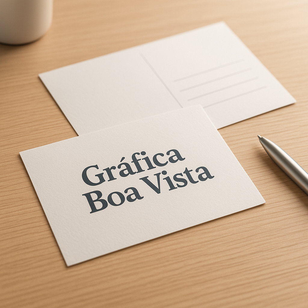 Cartões postais impressos sobre mesa de gráfica, mostrando papéis e acabamentos diferentes