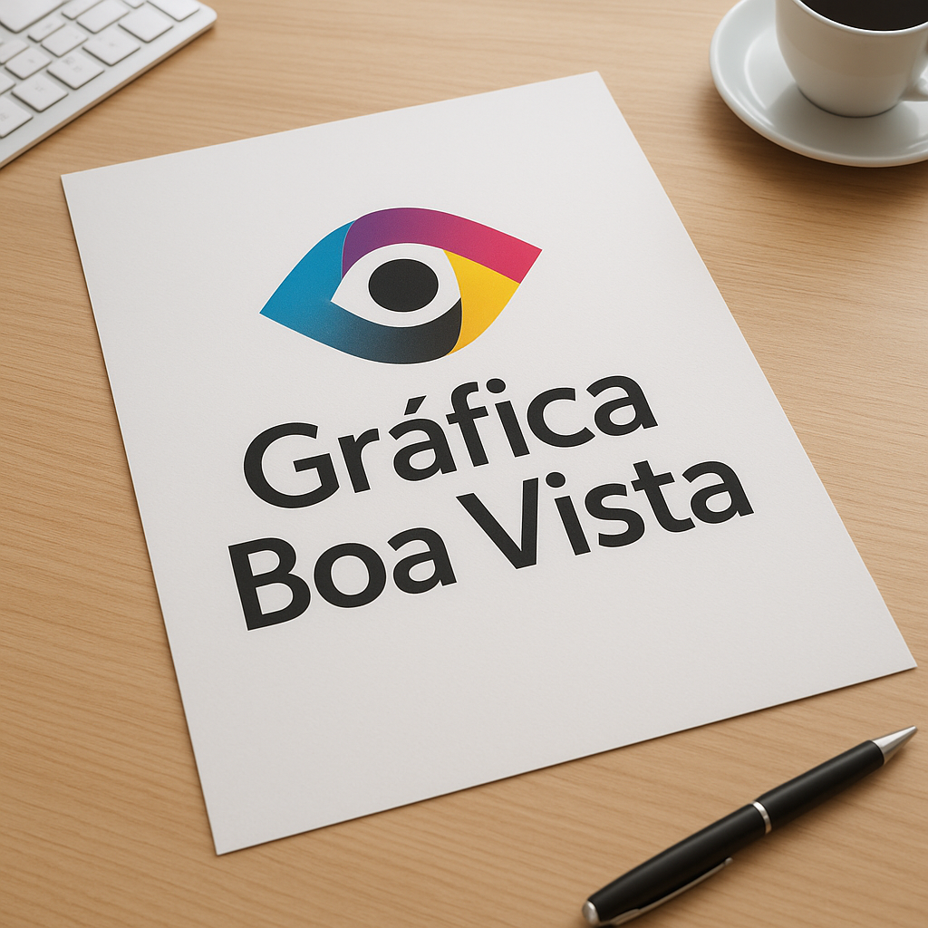 Cartaz sendo analisado em gráfica profissional em Curitiba, com amostras de materiais e acabamento