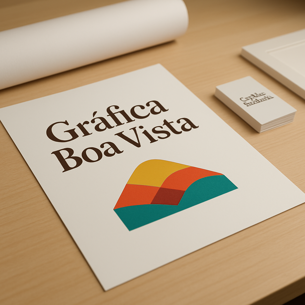 Cartaz sendo analisado em gráfica profissional em Curitiba, com amostras de materiais e acabamento