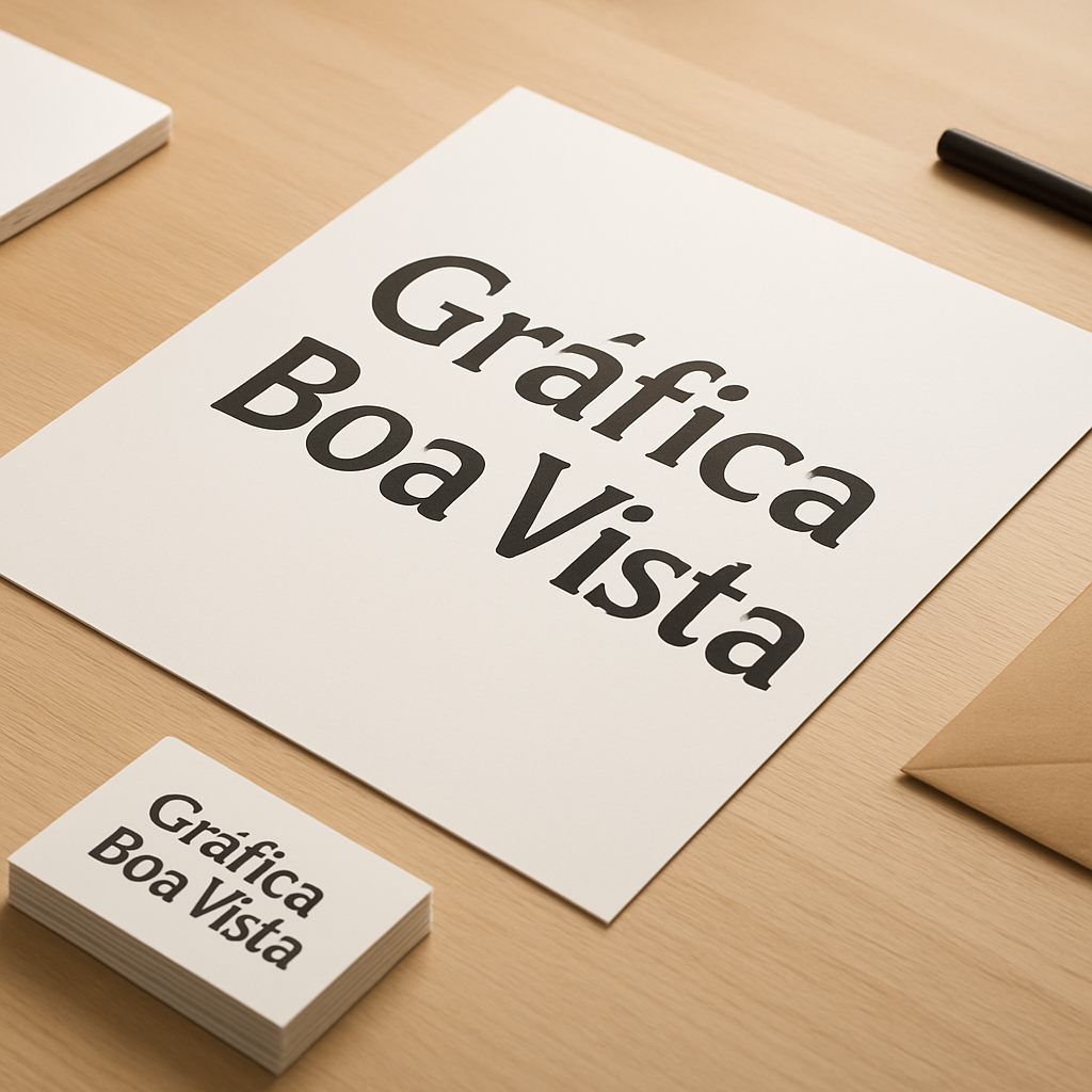 Cartaz sendo analisado em gráfica profissional em Curitiba, com amostras de materiais e acabamento