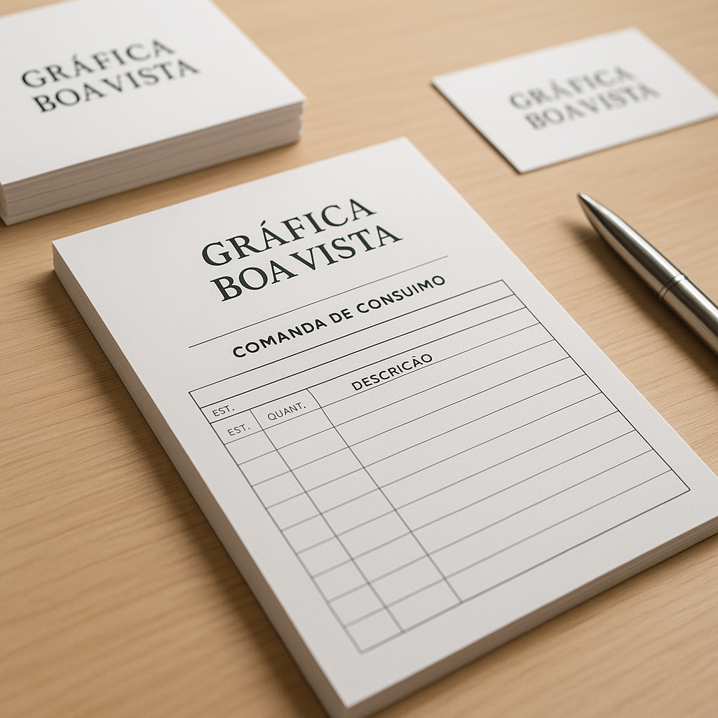 Comandas de consumo personalizadas sobre uma bancada, em uma gráfica de Curitiba