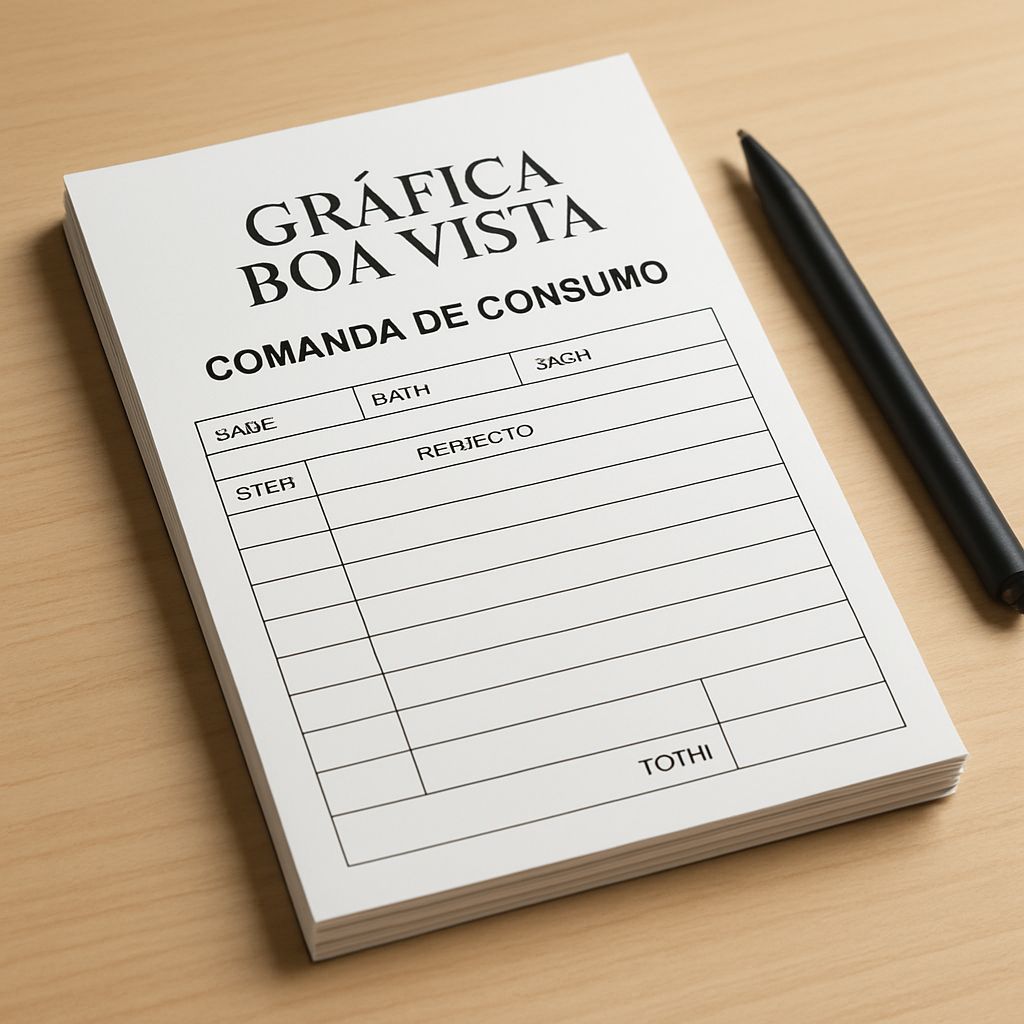 Comandas de consumo personalizadas sobre uma bancada, em uma gráfica de Curitiba