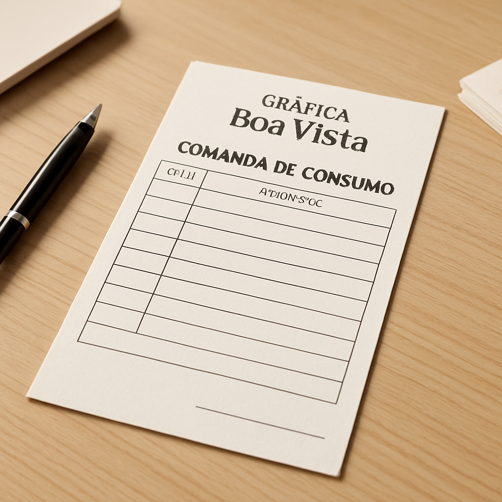 Comandas de consumo personalizadas sobre uma bancada, em uma gráfica de Curitiba