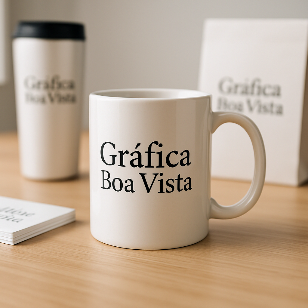 Copos personalizados em diferentes materiais e acabamentos, com aparência profissional em fundo limpo