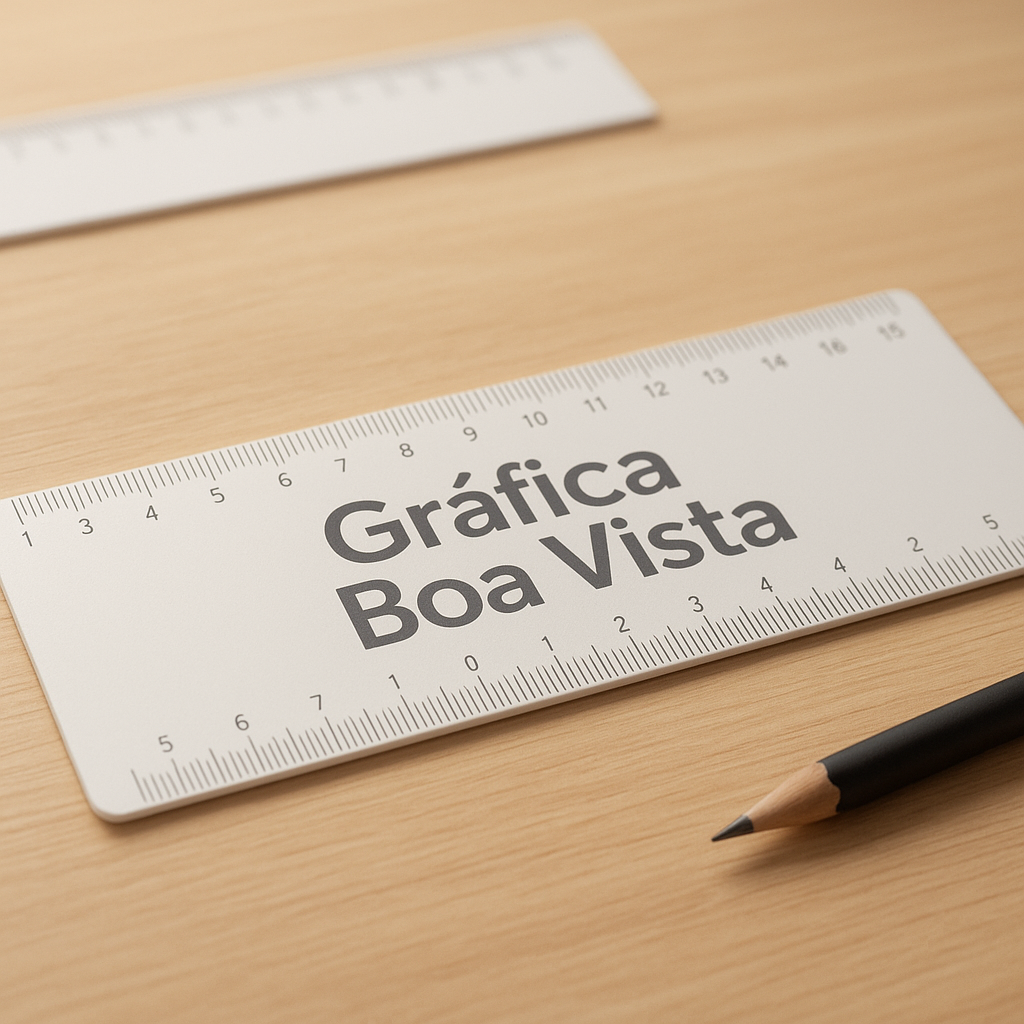 Réguas personalizadas organizadas em uma mesa de estúdio, com visual profissional e foco no acabamento