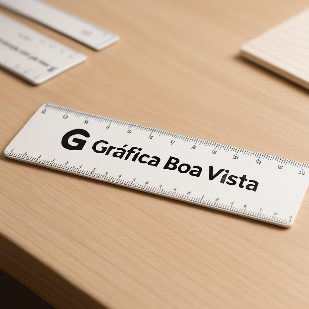 Réguas personalizadas organizadas em uma mesa de estúdio, com visual profissional e foco no acabamento