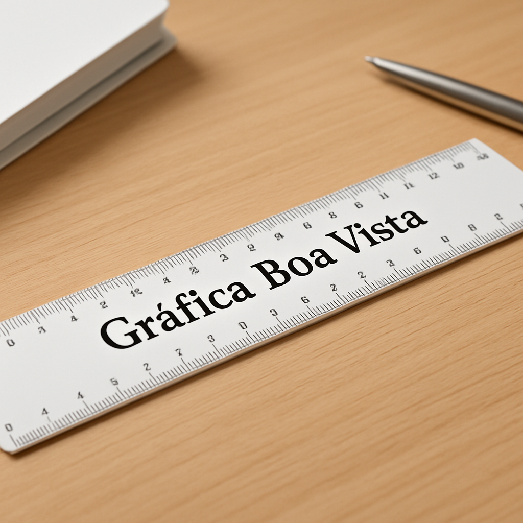 Réguas personalizadas organizadas em uma mesa de estúdio, com visual profissional e foco no acabamento