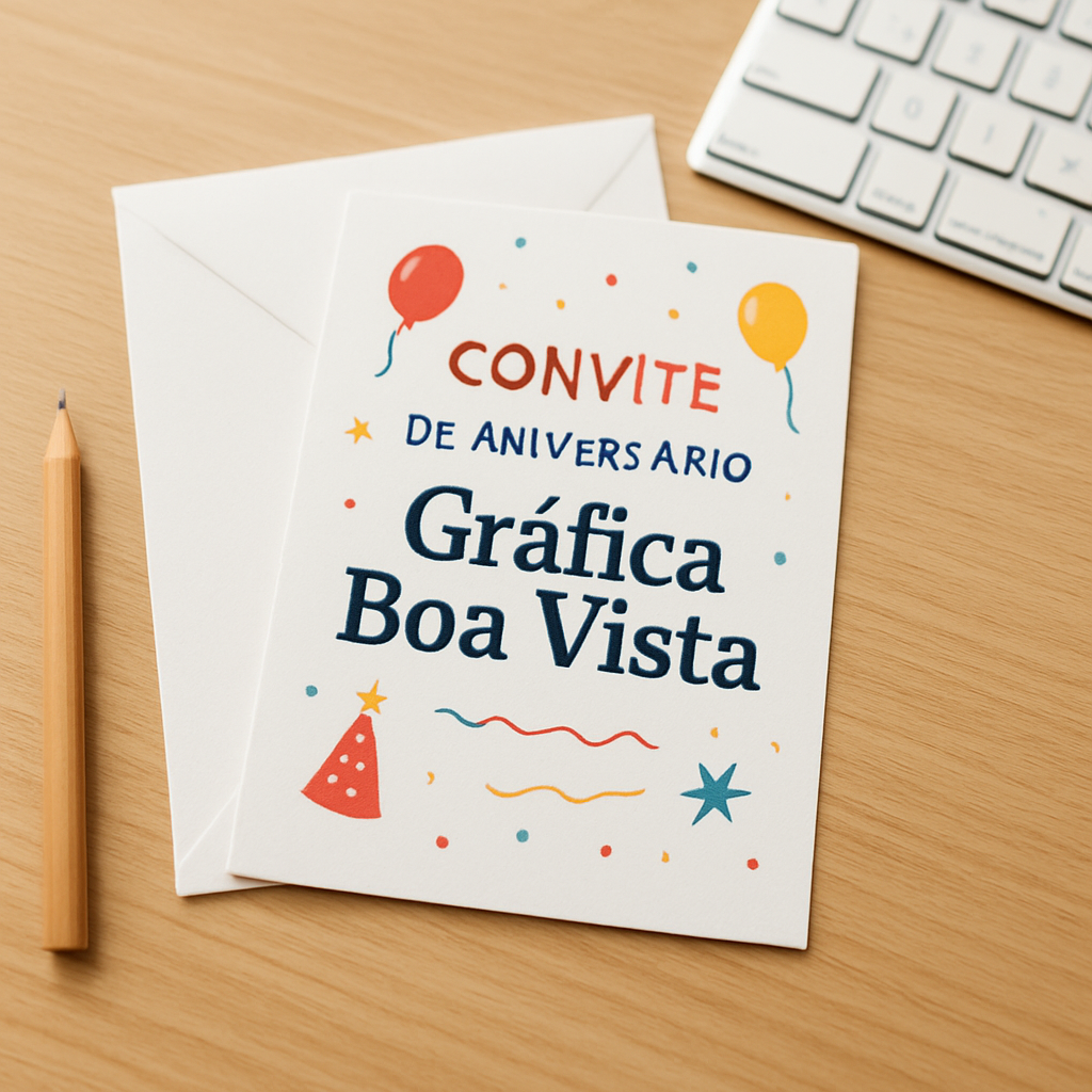 Convite de aniversário para clínicas e consultórios impresso com visual elegante sobre uma mesa limpa
