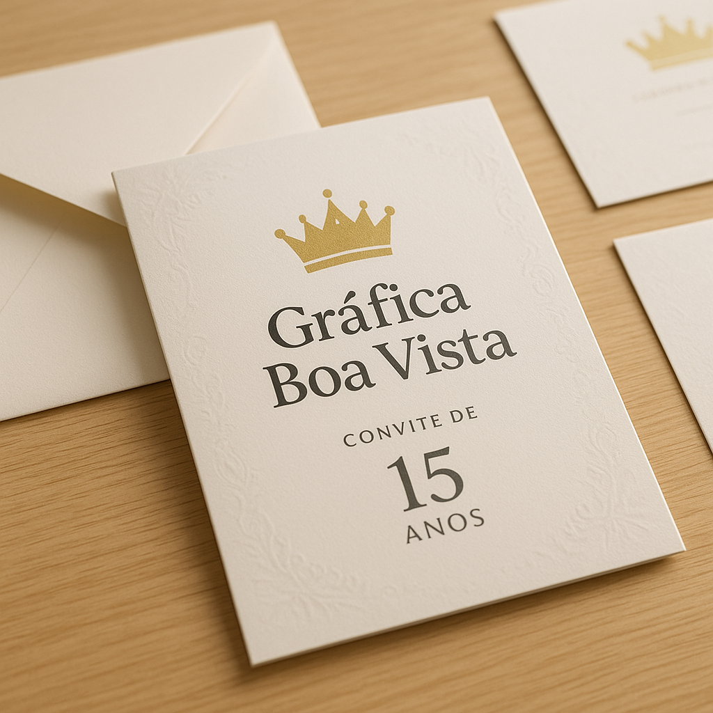 Convites de 15 anos elegantes e impressos com acabamento refinado sobre uma mesa de gráfica