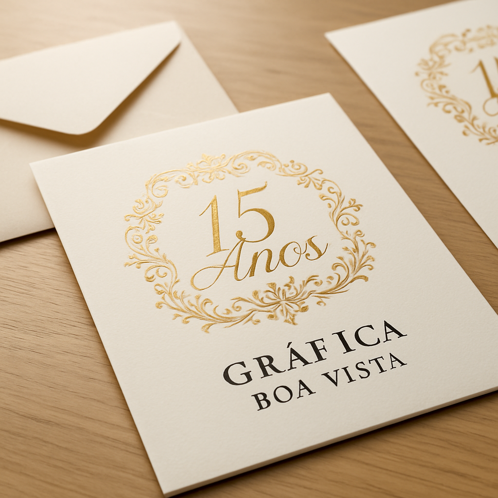 Convites de 15 anos elegantes e impressos com acabamento refinado sobre uma mesa de gráfica