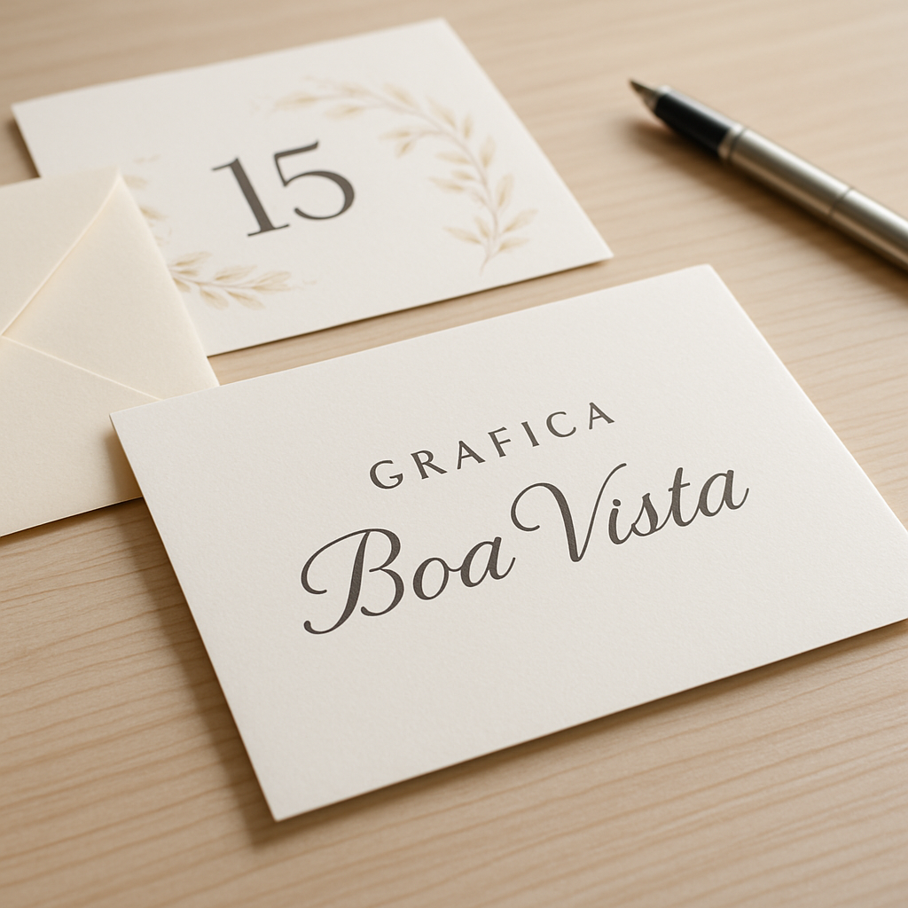 Convites de 15 anos elegantes e impressos com acabamento refinado sobre uma mesa de gráfica