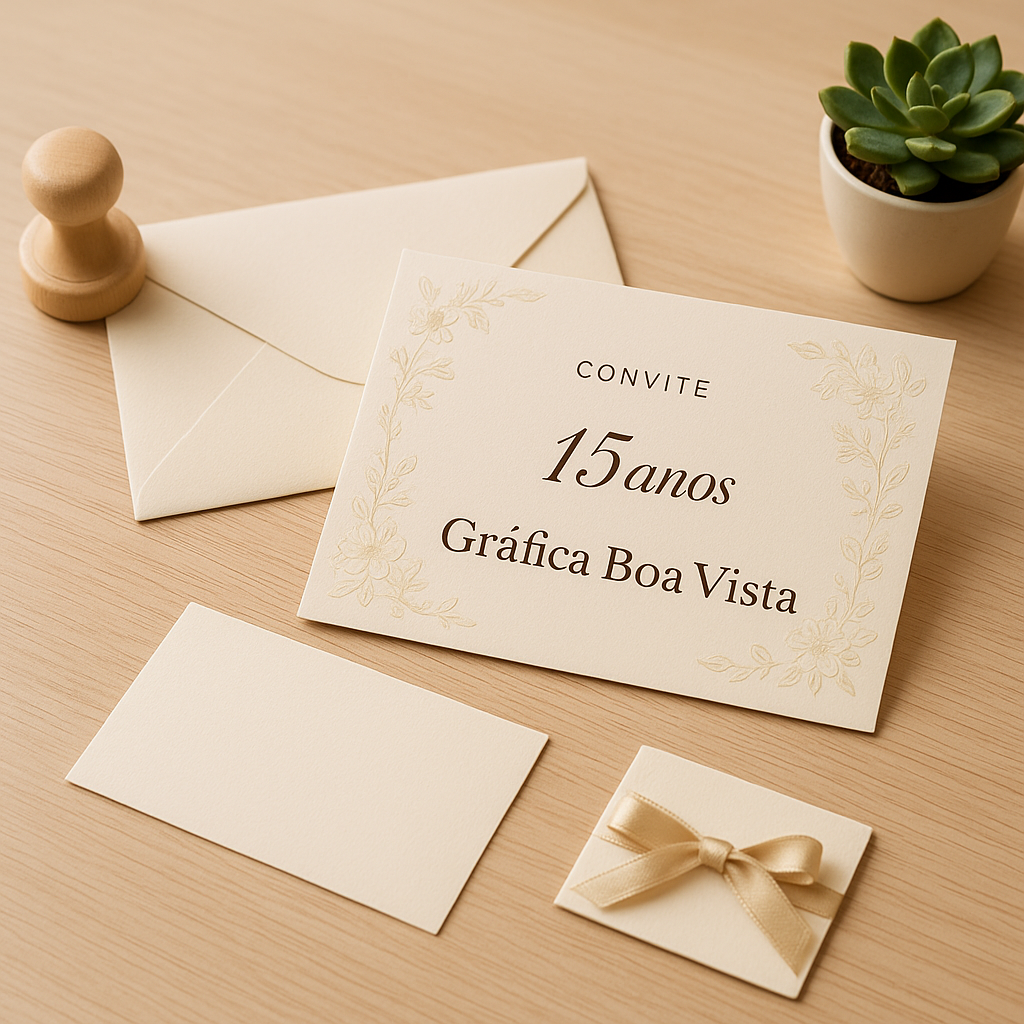 Convites de 15 anos elegantes produzidos por gráfica em Curitiba, com papel sofisticado e acabamento refinado