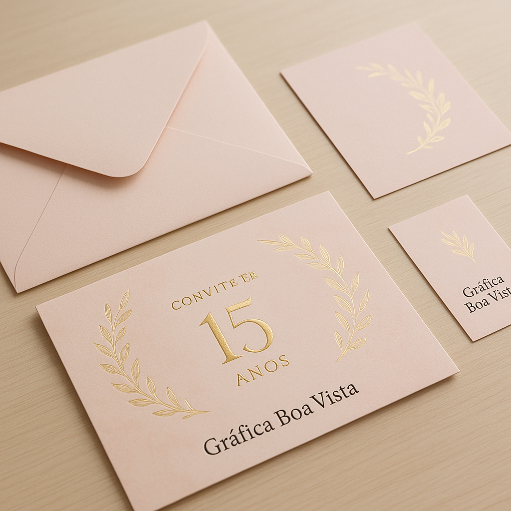 Convite de 15 anos personalizado em papel elegante sobre mesa, com acabamento sofisticado e estilo delicado