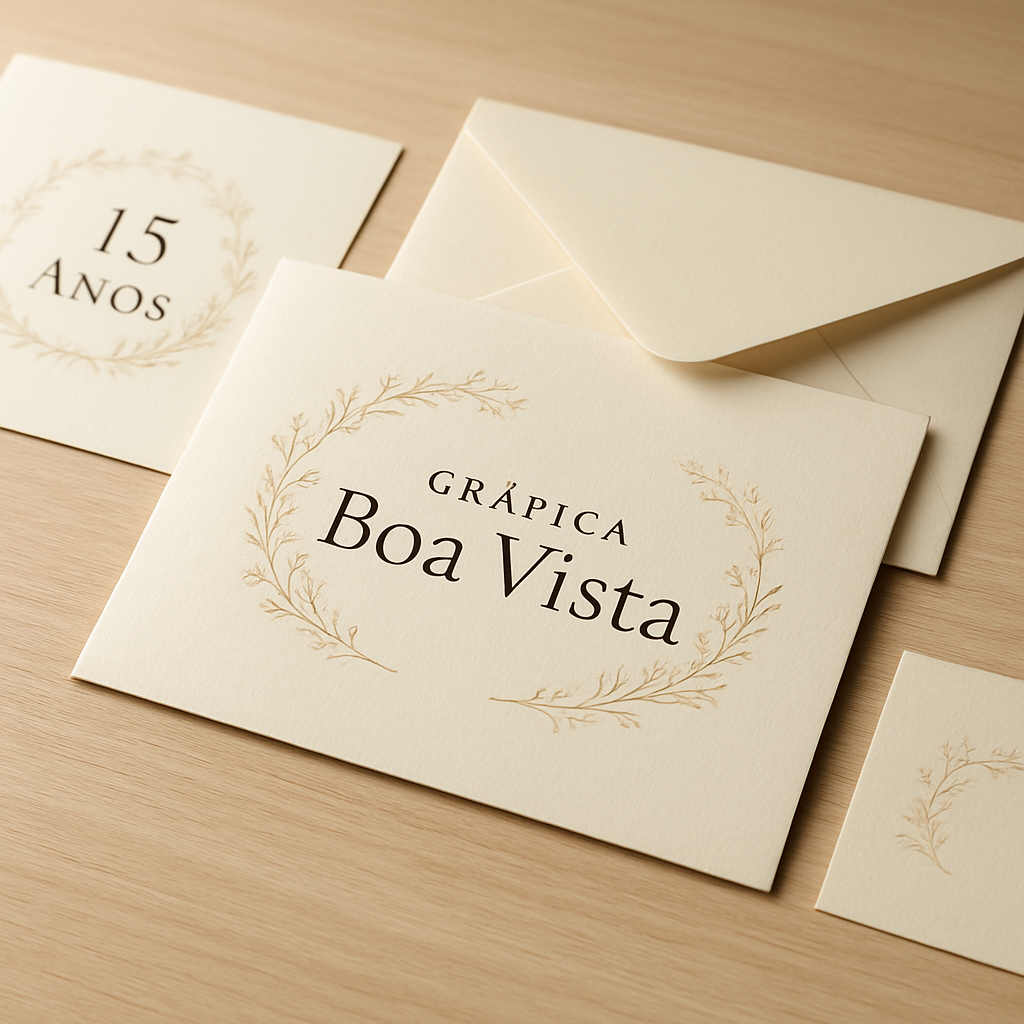 Convite de 15 anos personalizado em papel elegante sobre mesa, com acabamento sofisticado e estilo delicado