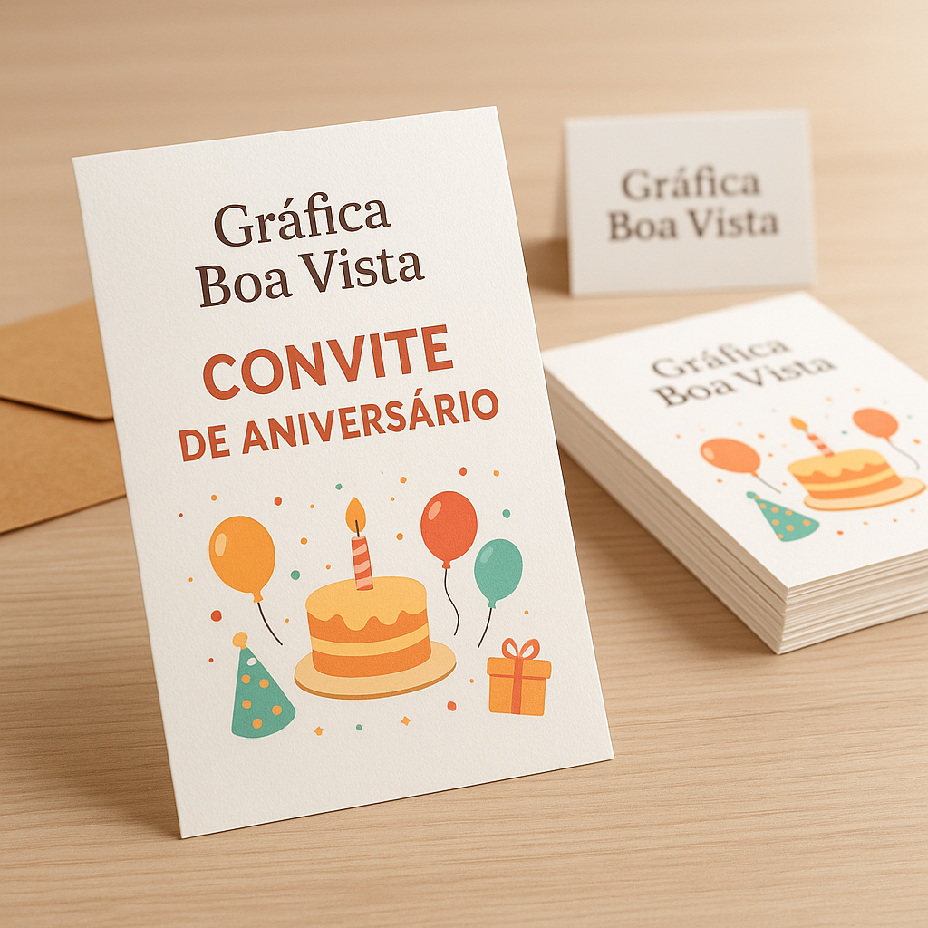 Convite de aniversário impresso com acabamento bonito em mesa de gráfica, em ambiente profissional