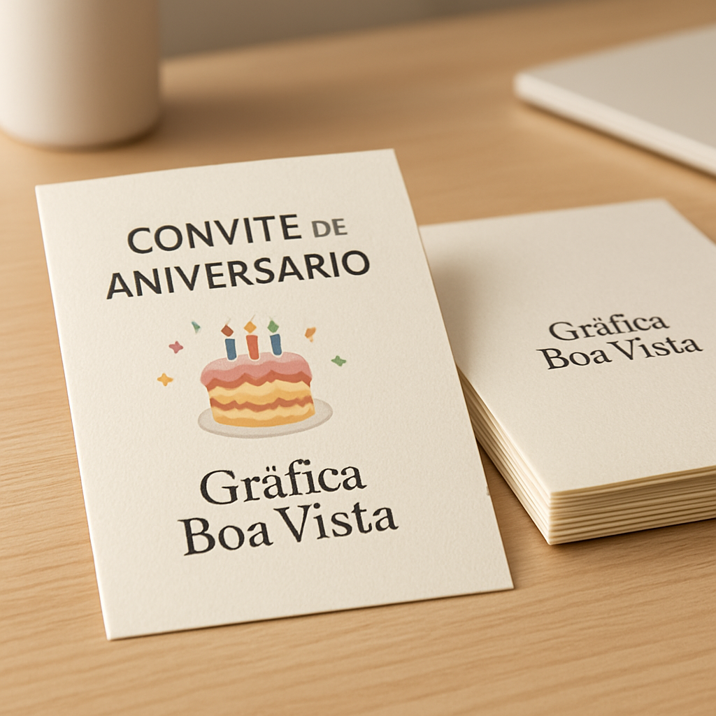 Convite de aniversário impresso com acabamento bonito em mesa de gráfica, em ambiente profissional