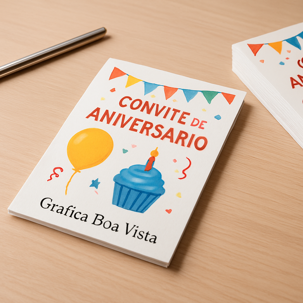 Convite de aniversário impresso com acabamento bonito em mesa de gráfica, em ambiente profissional