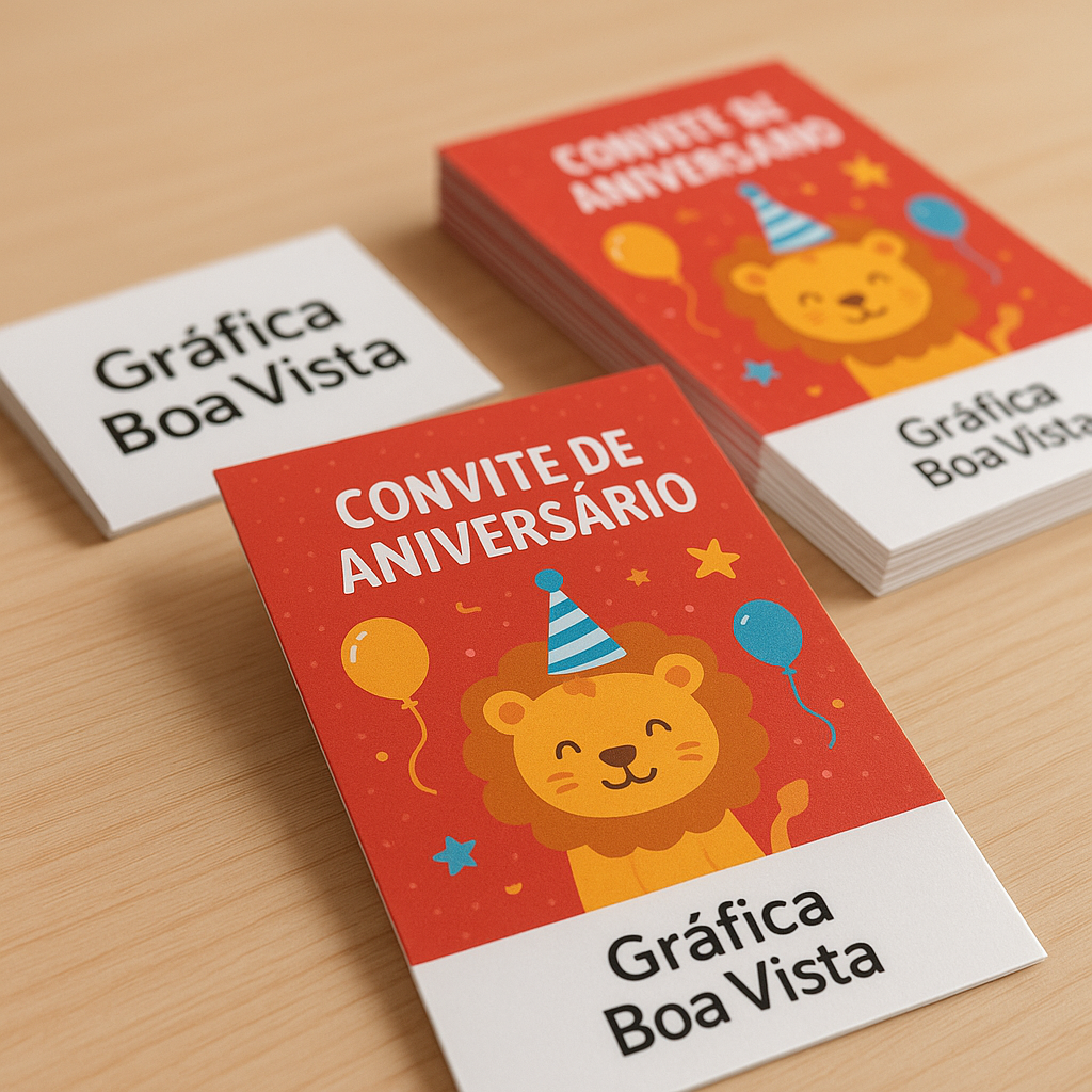 Amostras de convite de aniversário com diferentes materiais e acabamentos em uma gráfica