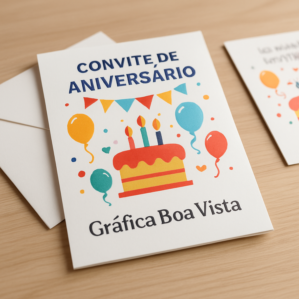 Amostras de convite de aniversário com diferentes materiais e acabamentos em uma gráfica