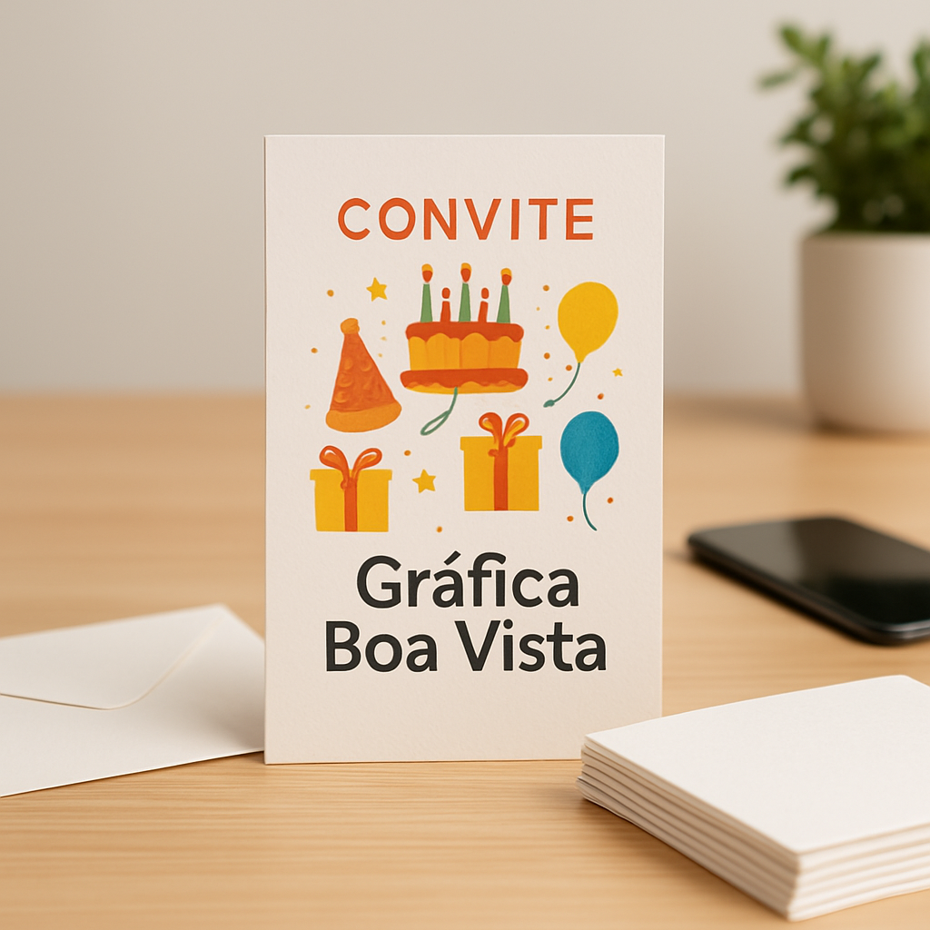 Amostras de convite de aniversário com diferentes materiais e acabamentos em uma gráfica