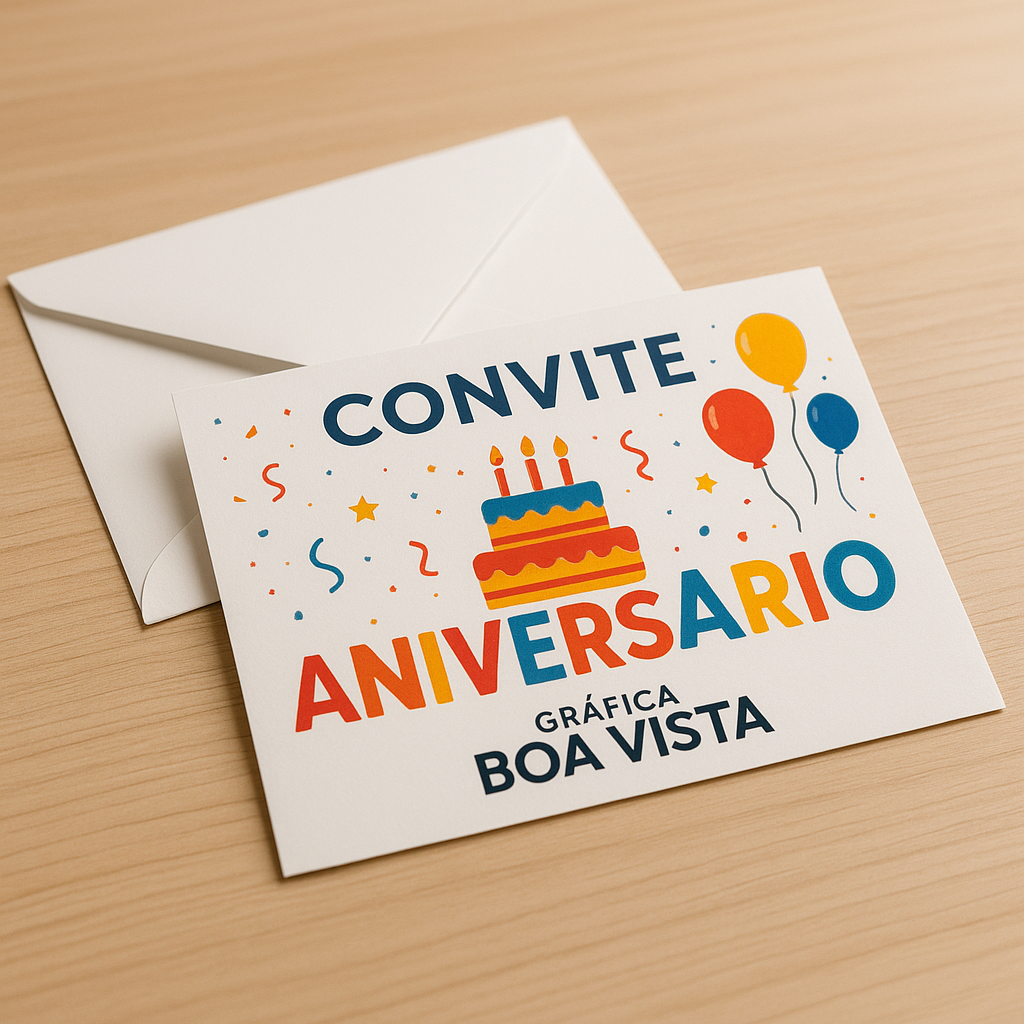 Convite de aniversário personalizado sobre uma mesa, com acabamento profissional e itens de papelaria ao redor