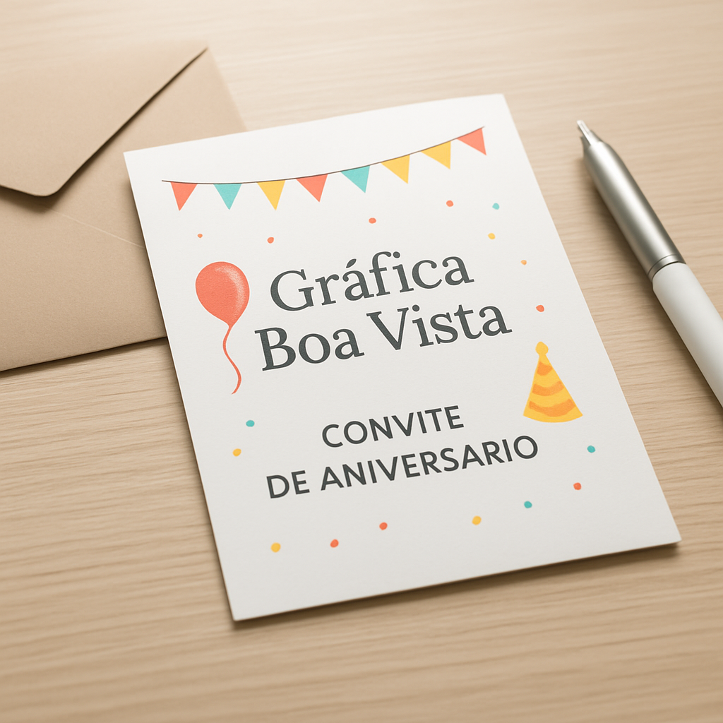 Convite de aniversário personalizado sobre uma mesa, com acabamento profissional e itens de papelaria ao redor