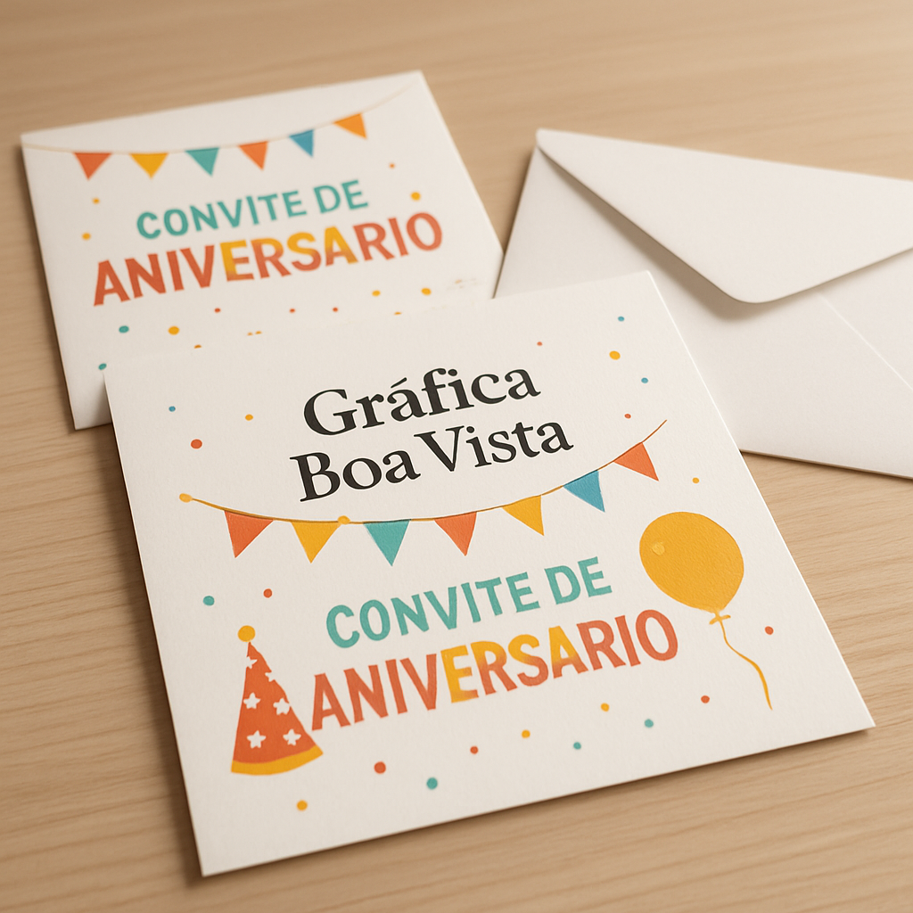 Convite de aniversário personalizado sobre uma mesa, com acabamento profissional e itens de papelaria ao redor