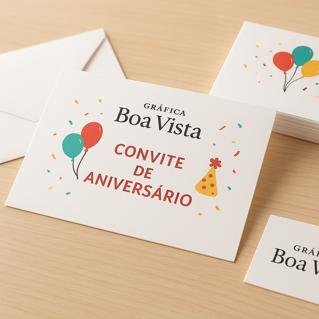 Convite de aniversário impresso em mesa decorada, com visual elegante e acabamento profissional