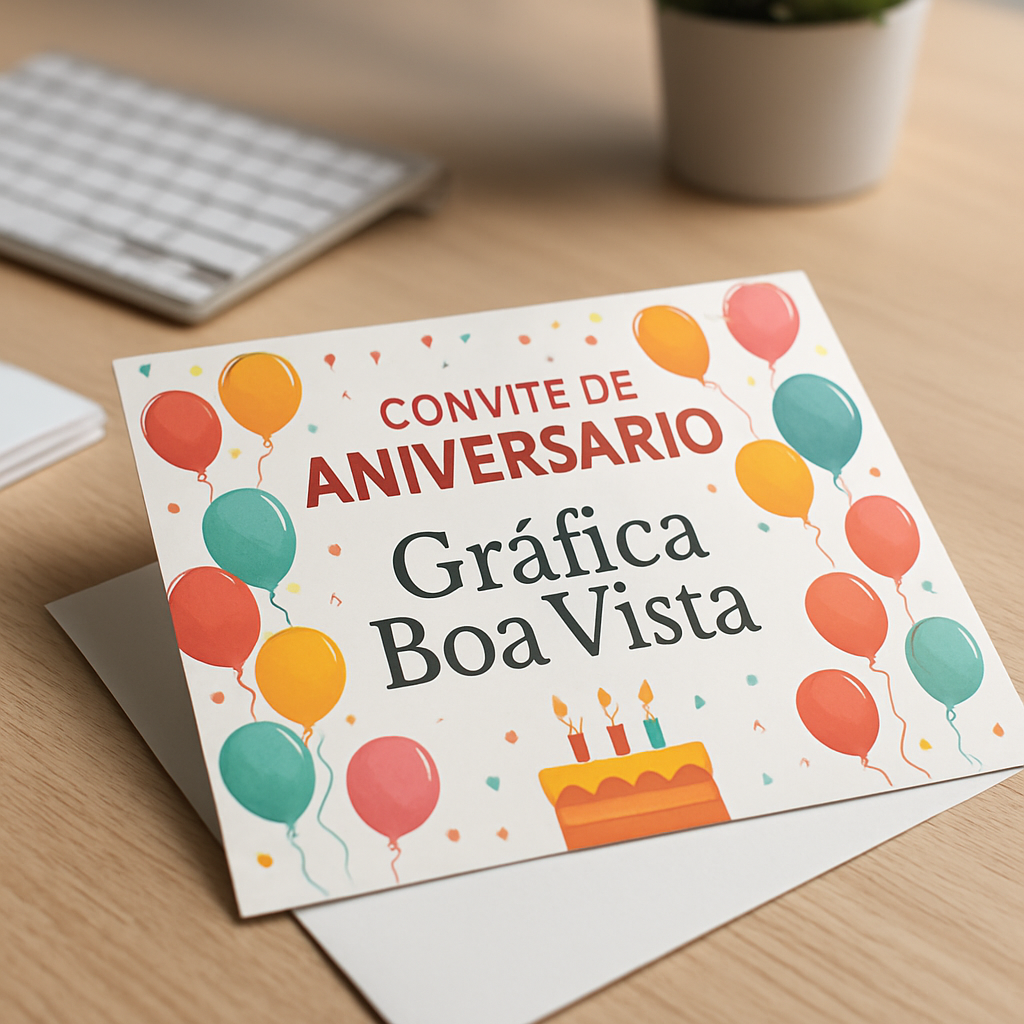 Convite de aniversário impresso em mesa decorada, com visual elegante e acabamento profissional