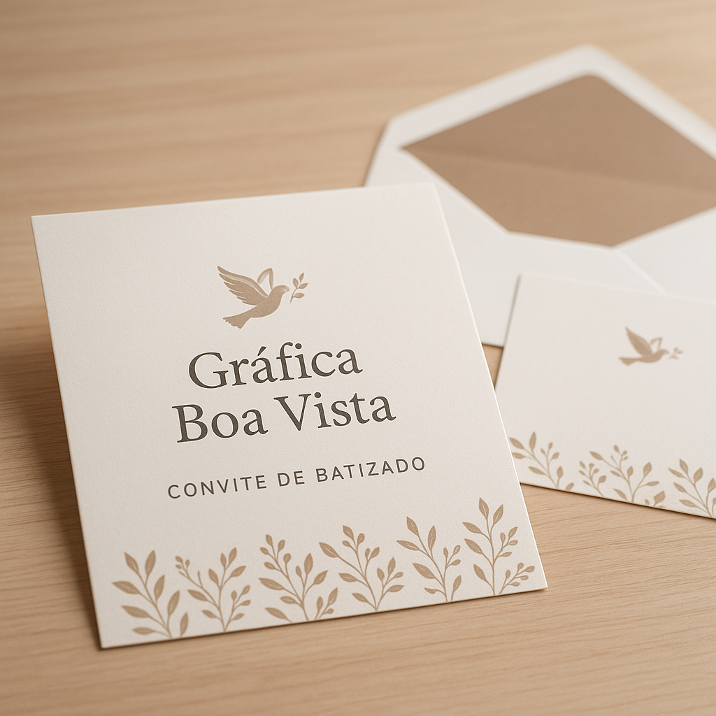 Convite de batizado elegante em papel texturizado, com acabamento delicado e tons suaves