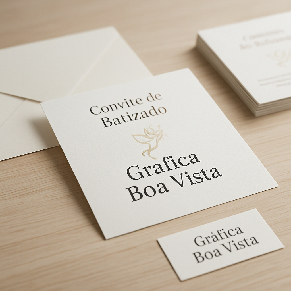 Convite de batizado elegante em papel texturizado, com acabamento delicado e tons suaves