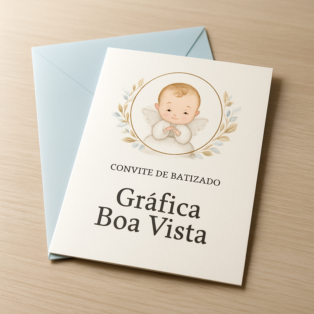 Convite de batizado elegante em papel texturizado, com acabamento delicado e tons suaves