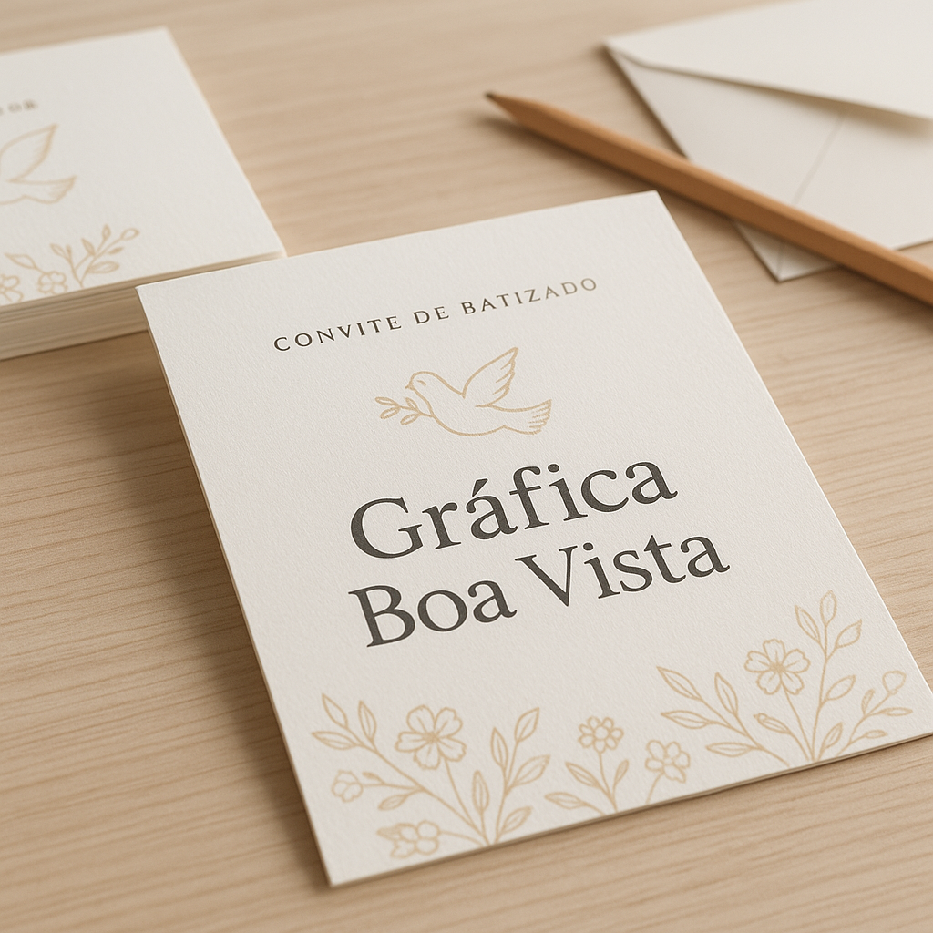 Convite de batizado elegante em papel delicado, com iluminação suave e estilo refinado