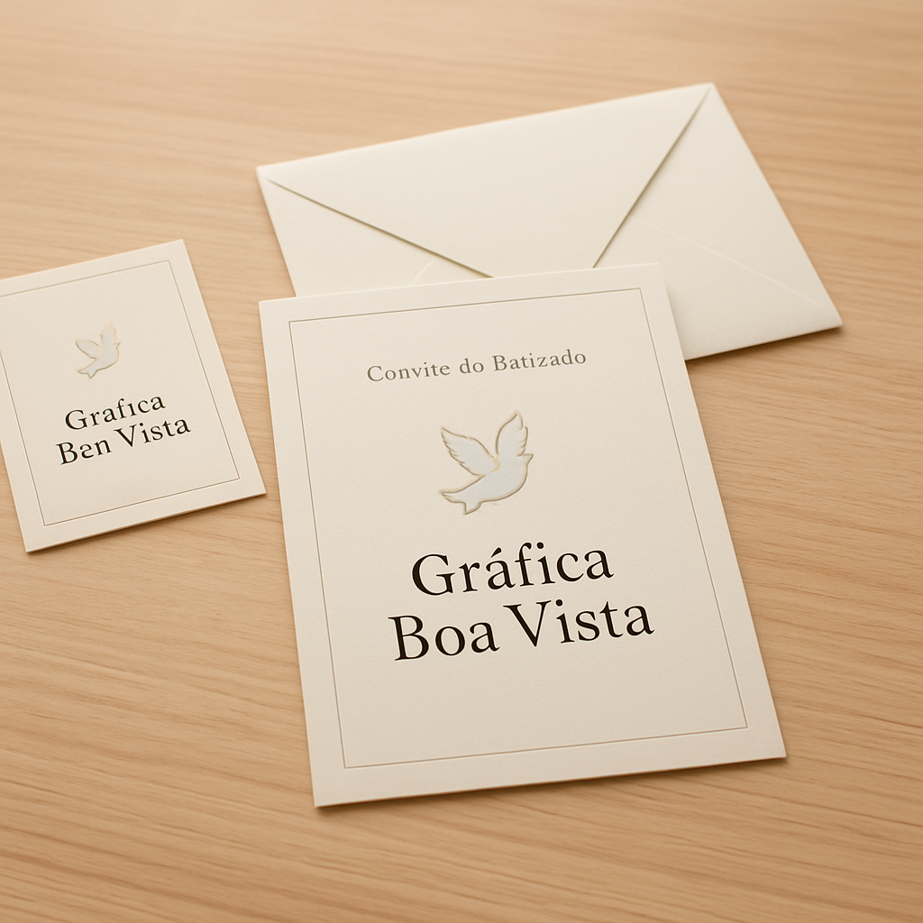 Convite de batizado elegante em papel delicado, com iluminação suave e estilo refinado