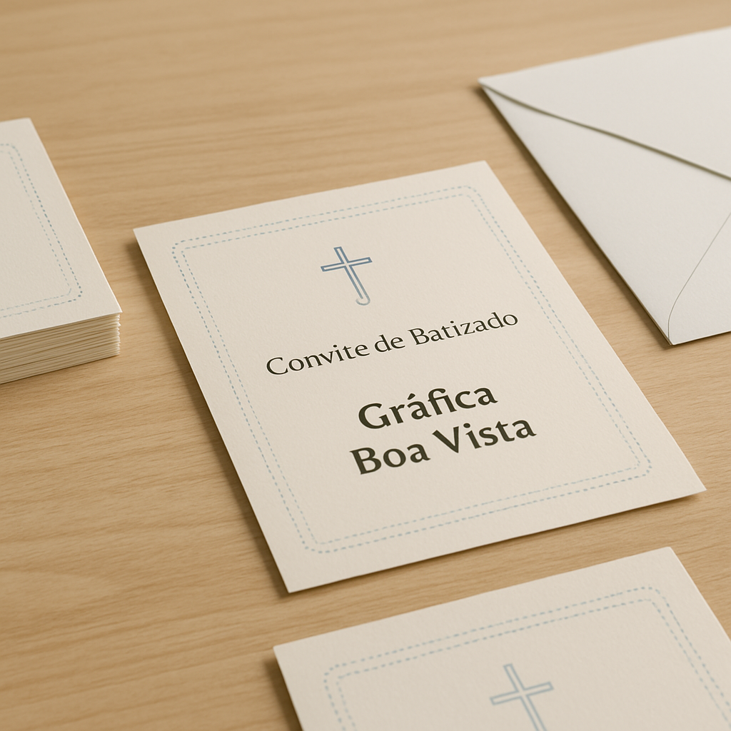 Convite de batizado elegante em papel delicado, com iluminação suave e estilo refinado
