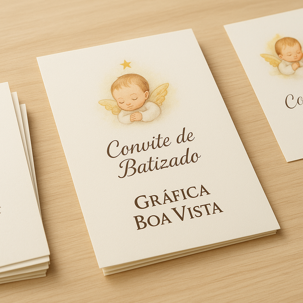 Convite de batizado personalizado elegante sobre superfície clara, com acabamento delicado e visual sofisticado