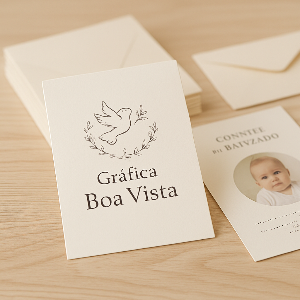 Convite de batizado personalizado elegante sobre superfície clara, com acabamento delicado e visual sofisticado
