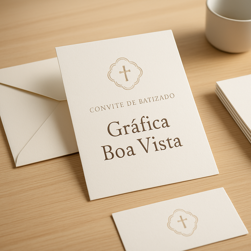 Convite de batizado personalizado elegante sobre superfície clara, com acabamento delicado e visual sofisticado